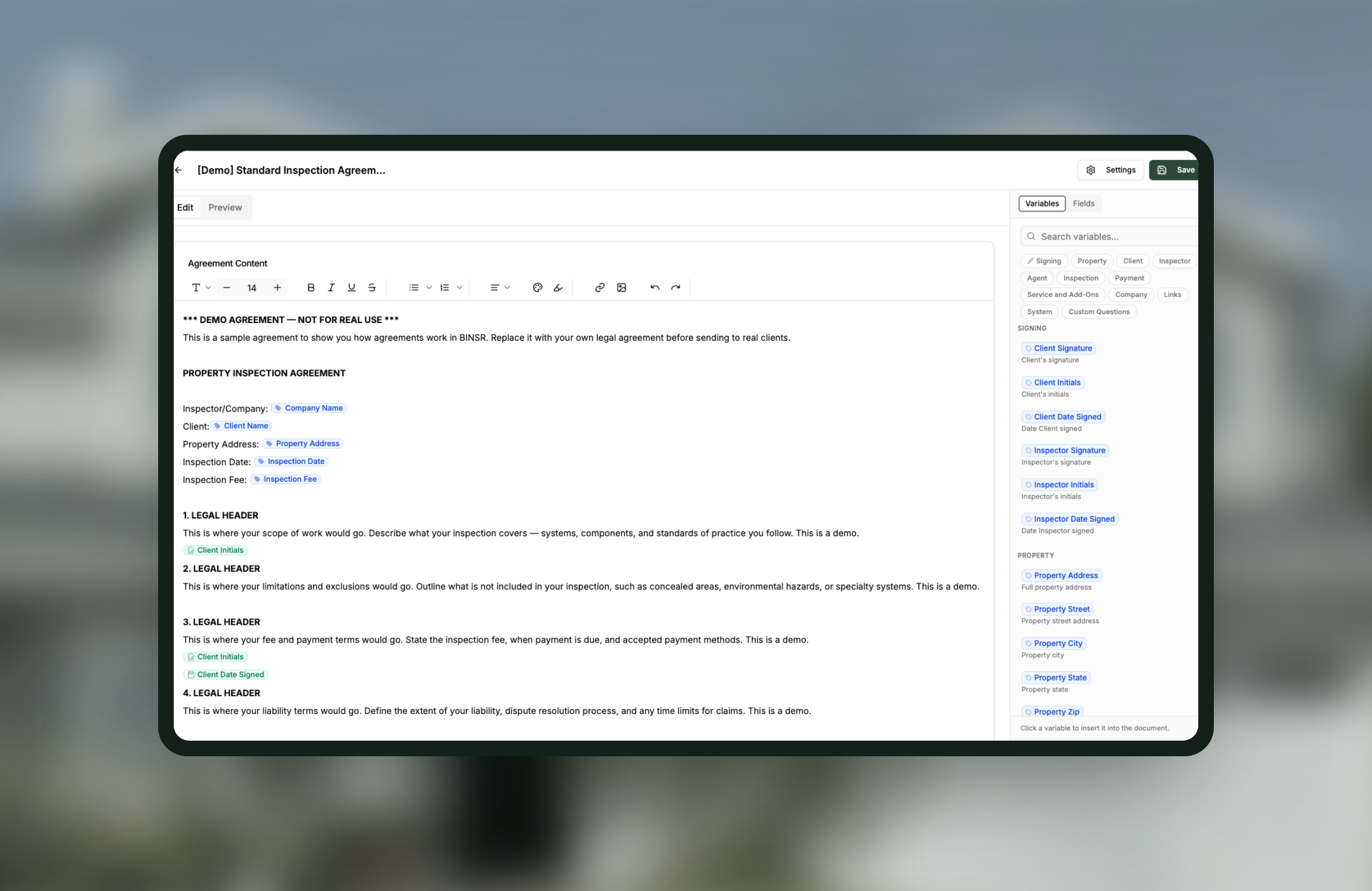 Agreements 2.0 in Binsr Inspect